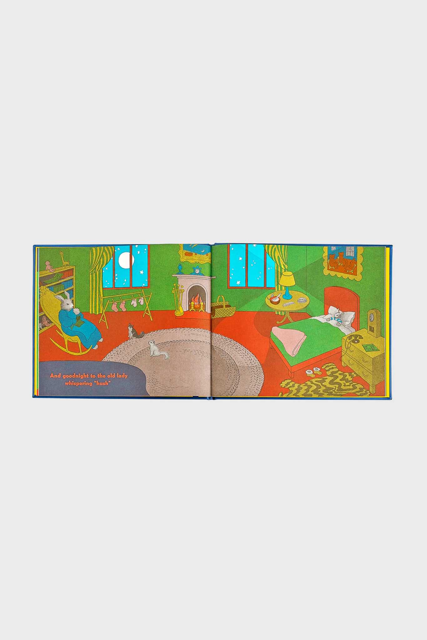 Illustration from classic children's book 'Goodnight Moon': cozy bedroom with an elderly rabbit whispering 'hush' and a sleeping mouse, reflecting effortless, high-end whimsy.