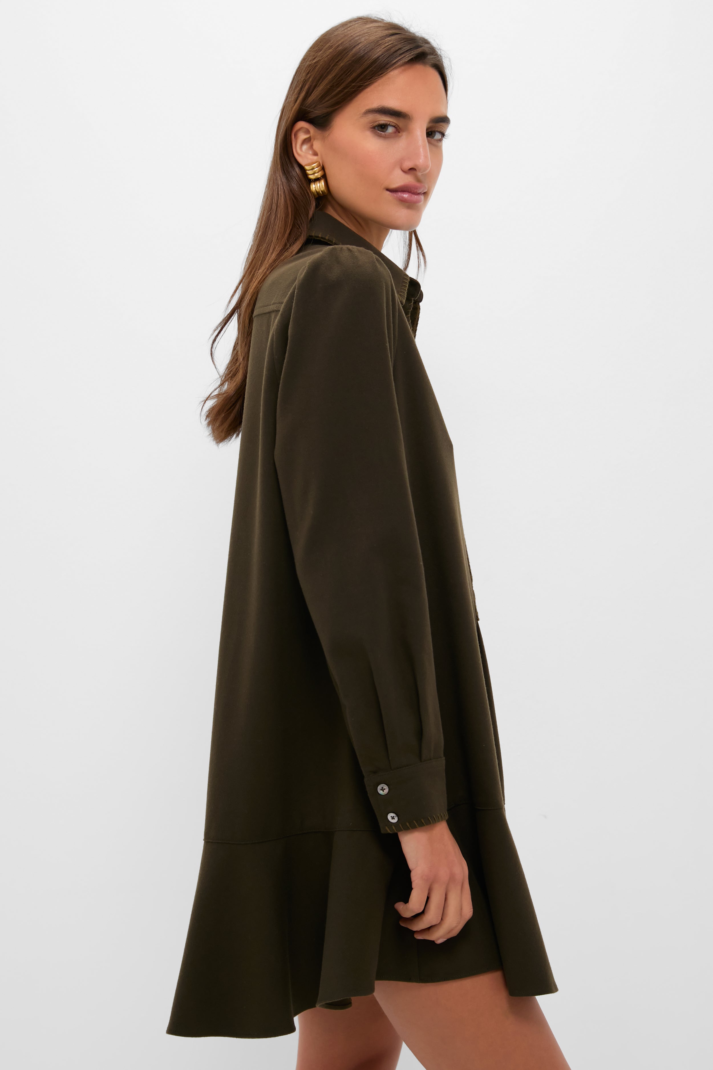 Dark Olive Whipstitch Brushed Wool Callahan Shirt Dress | Tuckernuck