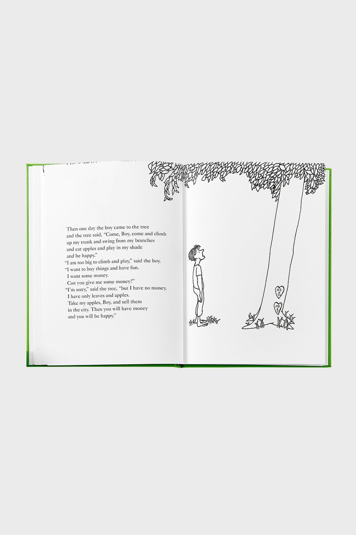 The Giving Tree, a classic, effortlessly illustrated hardcover book, featuring a heartfelt mid-story spread with the boy and tree, embodies high-end, fun storytelling.