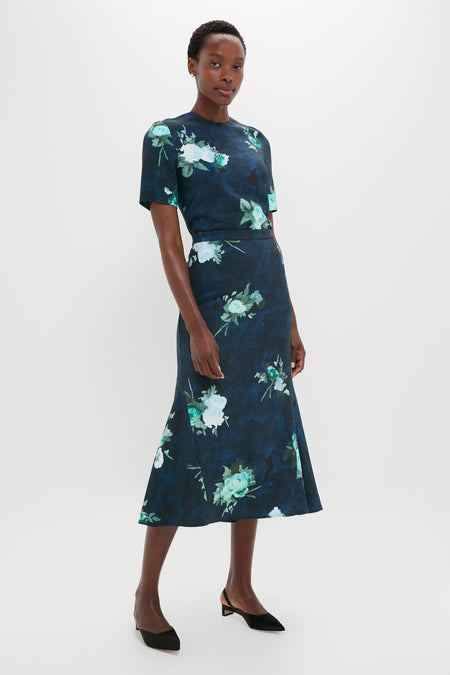 Abstract Rose Navy Fluted Midi Skirt