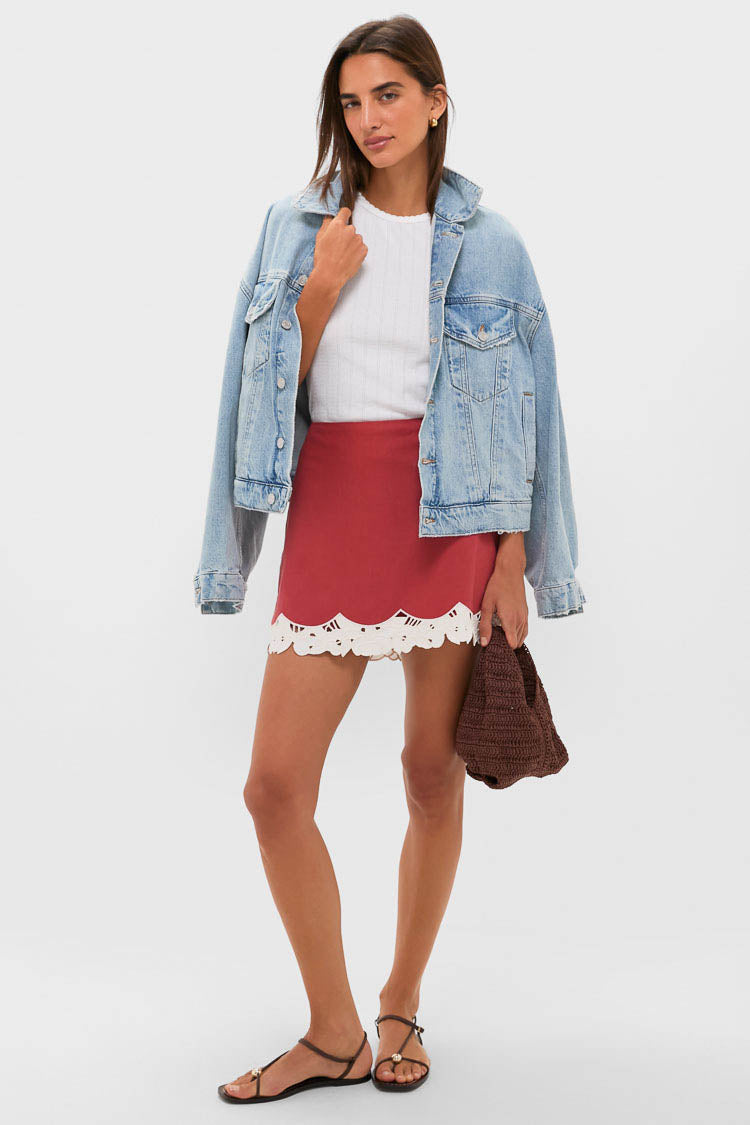 Red Eyelet Trim Cotton Linen Meg A-Line Mini Skirt