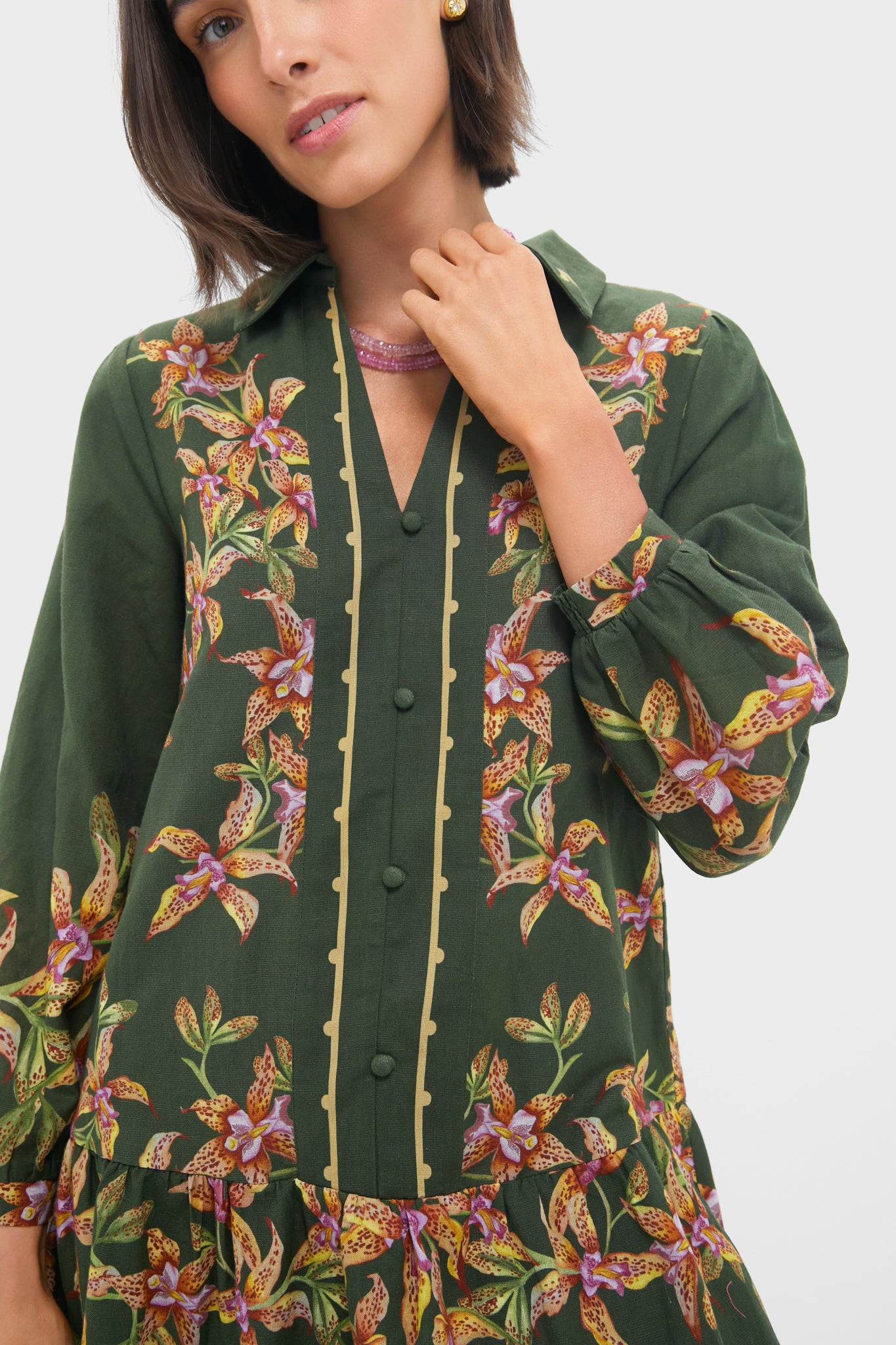 Hunter Lilly Porter Mini Dress with orchid pattern, effortless V-neck, classic spread collar, and puff cuffs, perfect for high-end events or fun, stylish outings.