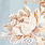 Close-up of a floral pattern featuring cream and light brown flowers with leaves, accented by soft blue tones.