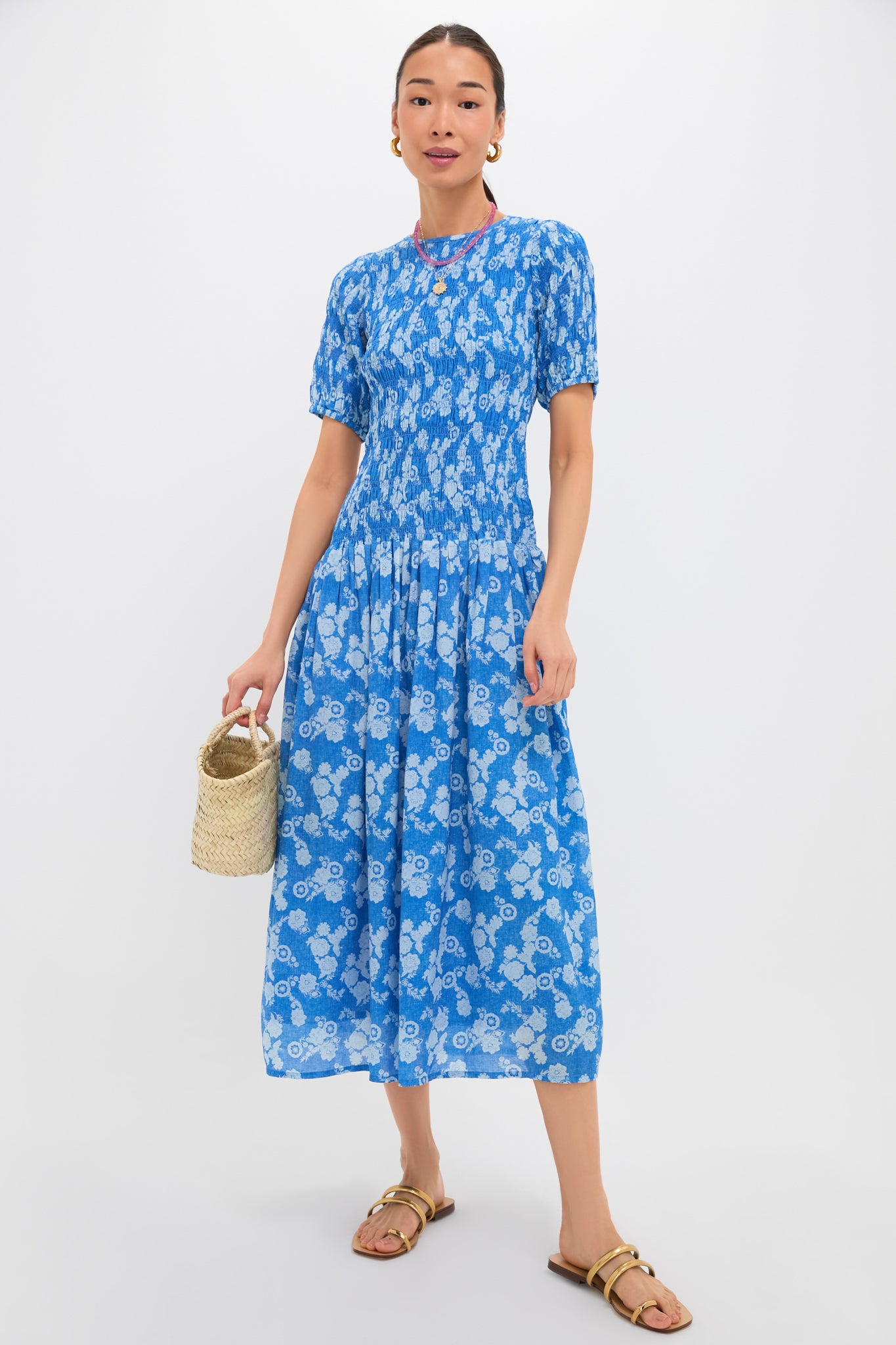 Pretoria Blue Smocked Drop Waist Maxi Dress