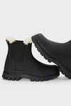 Jenni Kayne black ankle boots with chunky soles and white faux fur lining at the top, displayed against a plain light background.