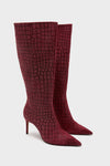 Schutz knee-high, pointed-toe boots in maroon faux-crocodile with slim high heels and a chic, textured finish.
