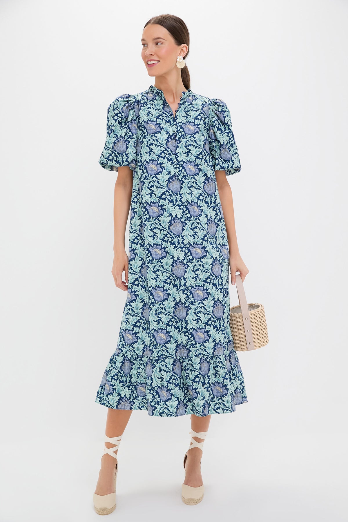 Multi Blue Leafy Floral Mimi Midi Dress