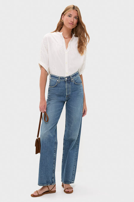 French Knot Floral Sand Mandarin Collar Top