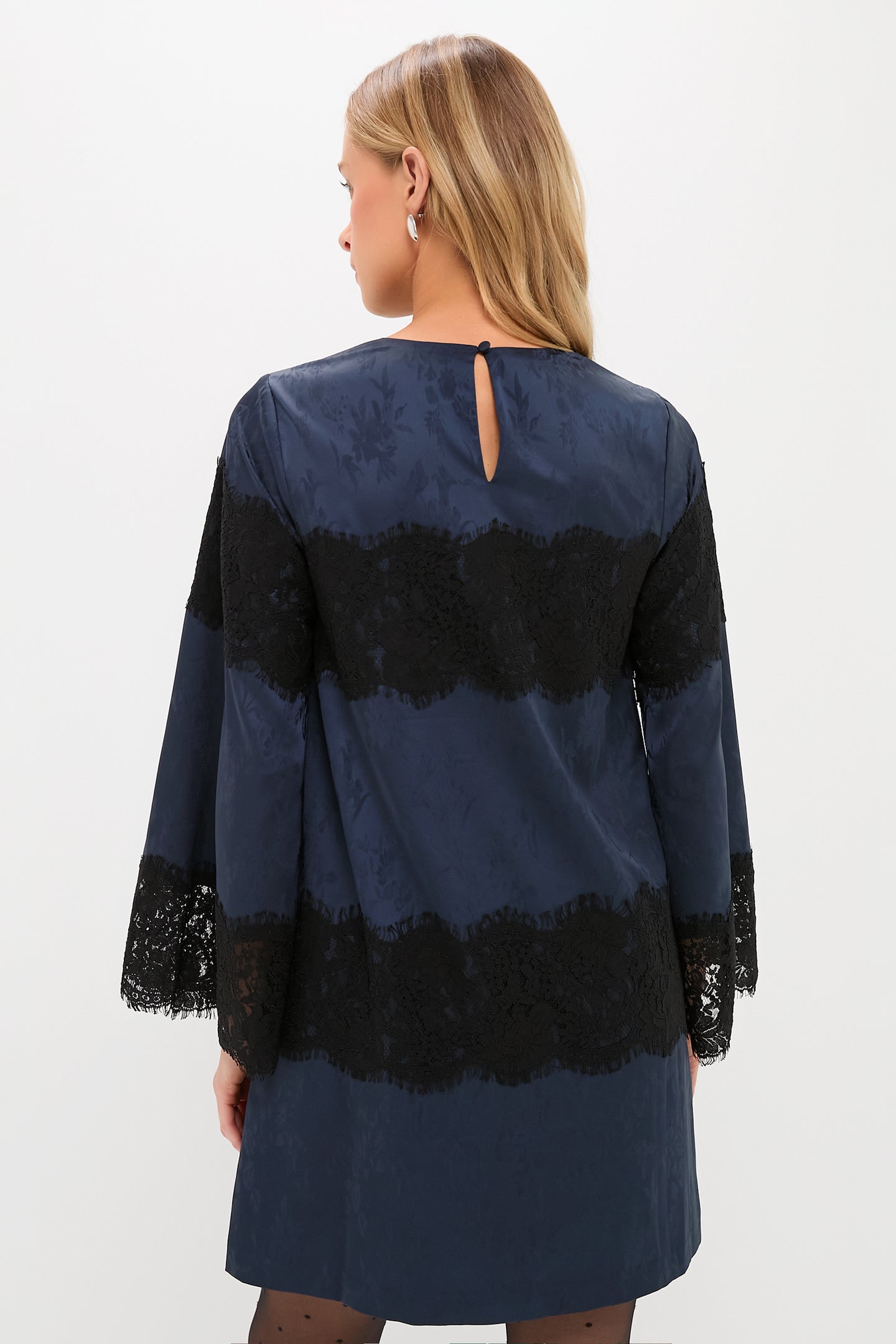 Navy Jacquard and Black Lace Camilla Dress