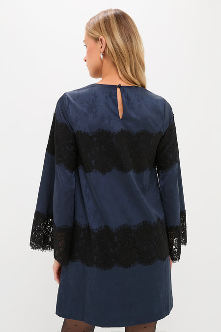 Navy Jacquard and Black Lace Camilla Dress