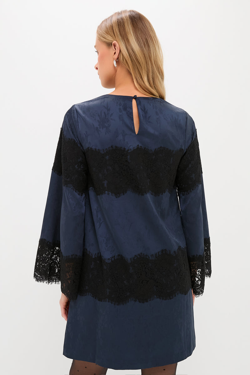 Navy Jacquard and Black Lace Camilla Dress
