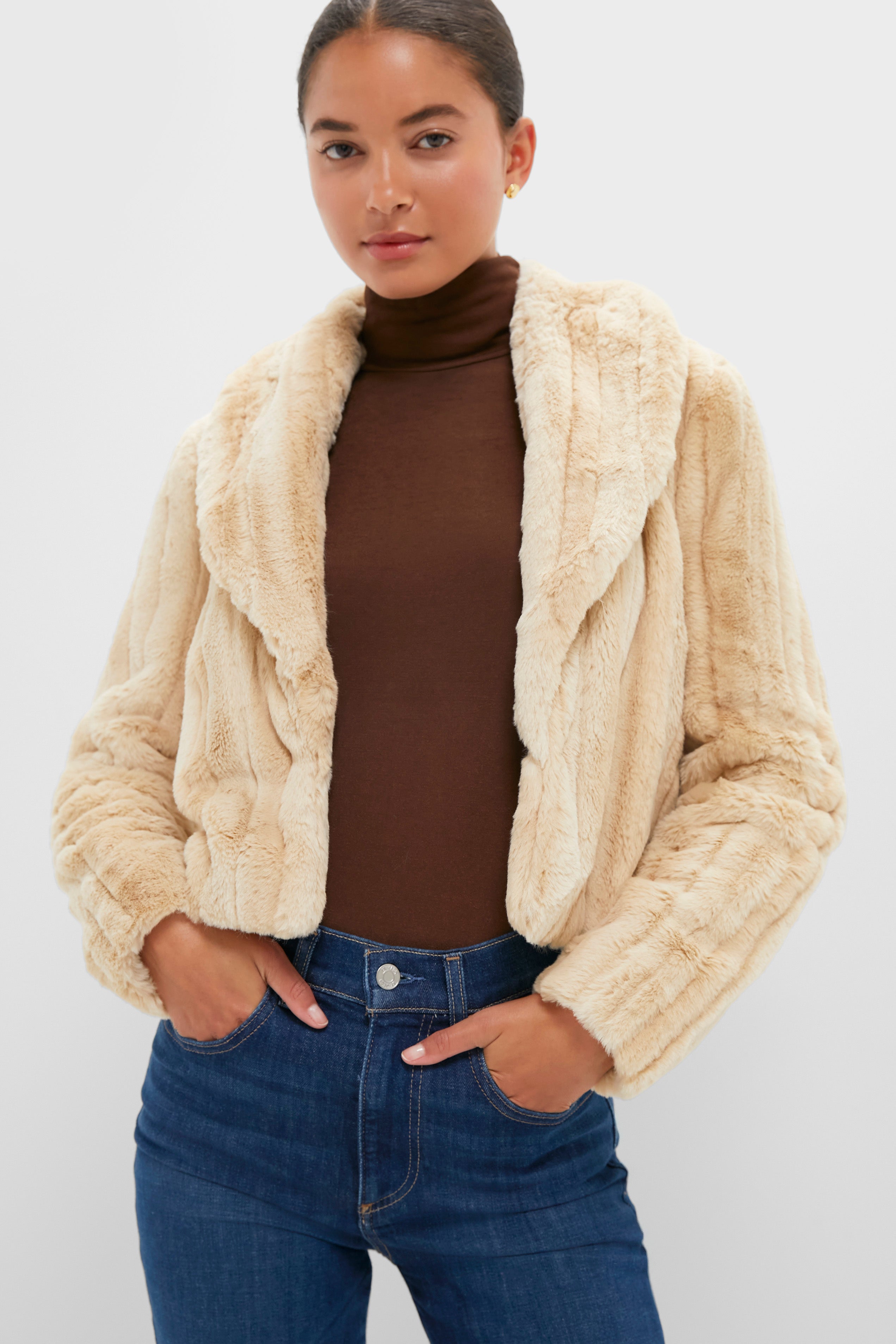Latte Striped Fur Davy Crop Jacket | L'AGENCE