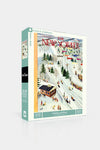 Sledding and Skiing Jigsaw Puzzle by The New Yorker Puzzle Company features a classic, fun 1953 New Yorker cover of an effortless, bustling winter mountain scene, perfect for high-end puzzling.