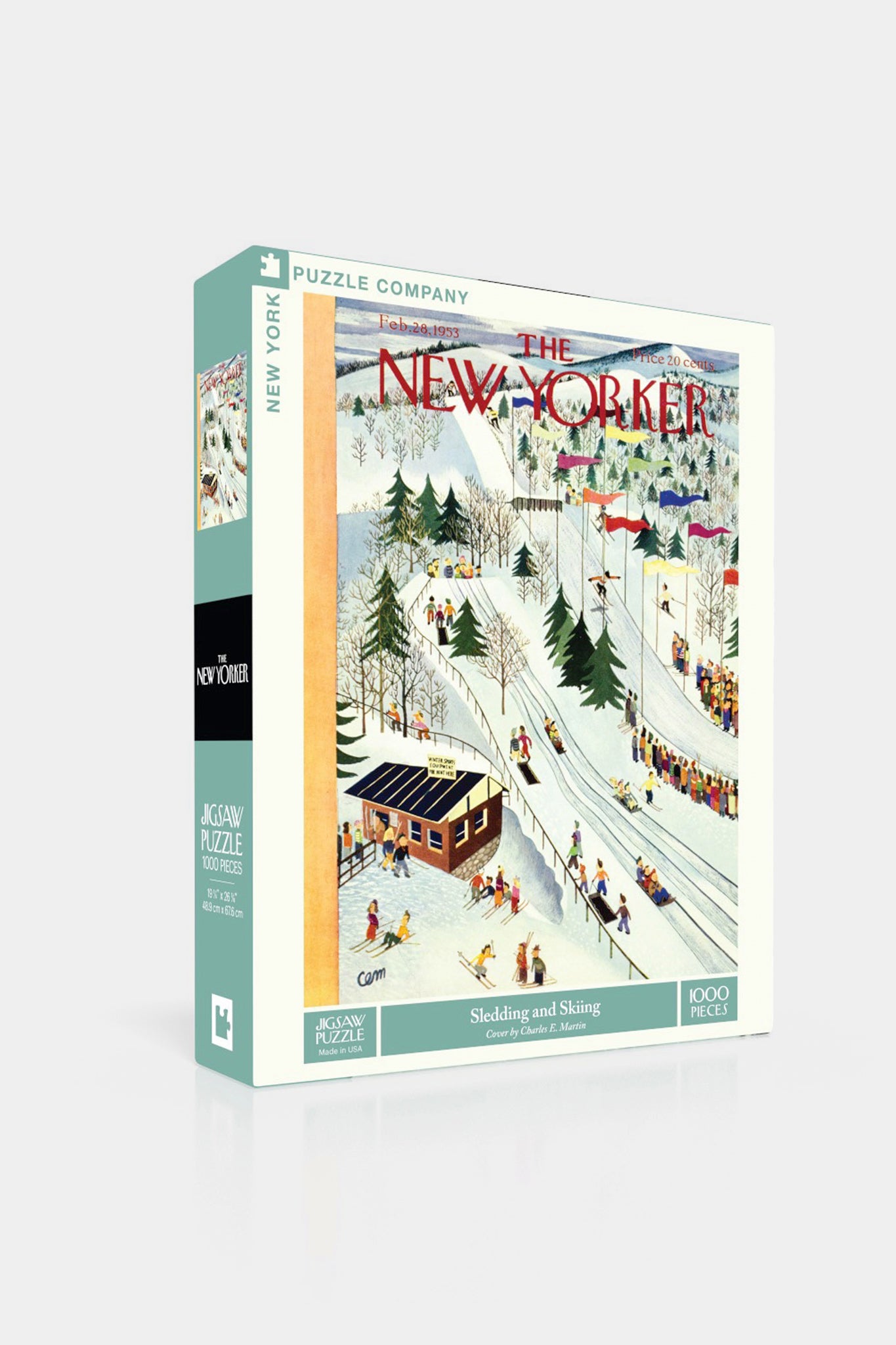 Sledding and Skiing Jigsaw Puzzle by The New Yorker Puzzle Company features a classic, fun 1953 New Yorker cover of an effortless, bustling winter mountain scene, perfect for high-end puzzling.