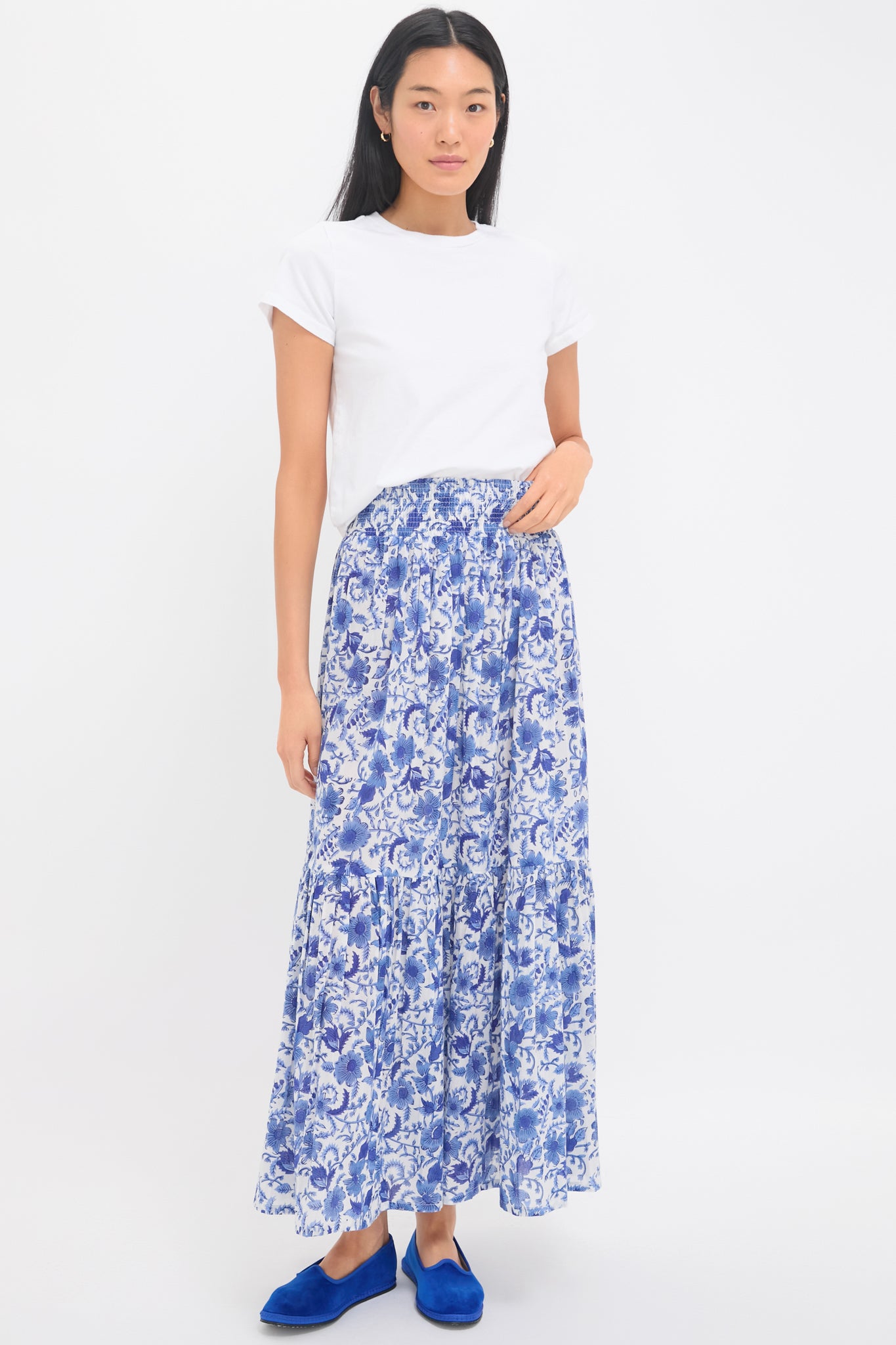 Exclusive Blue Morning Flower Print Shirred Skirt