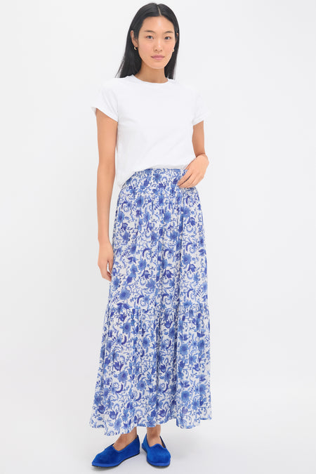 Exclusive Blue Morning Flower Print Shirred Skirt