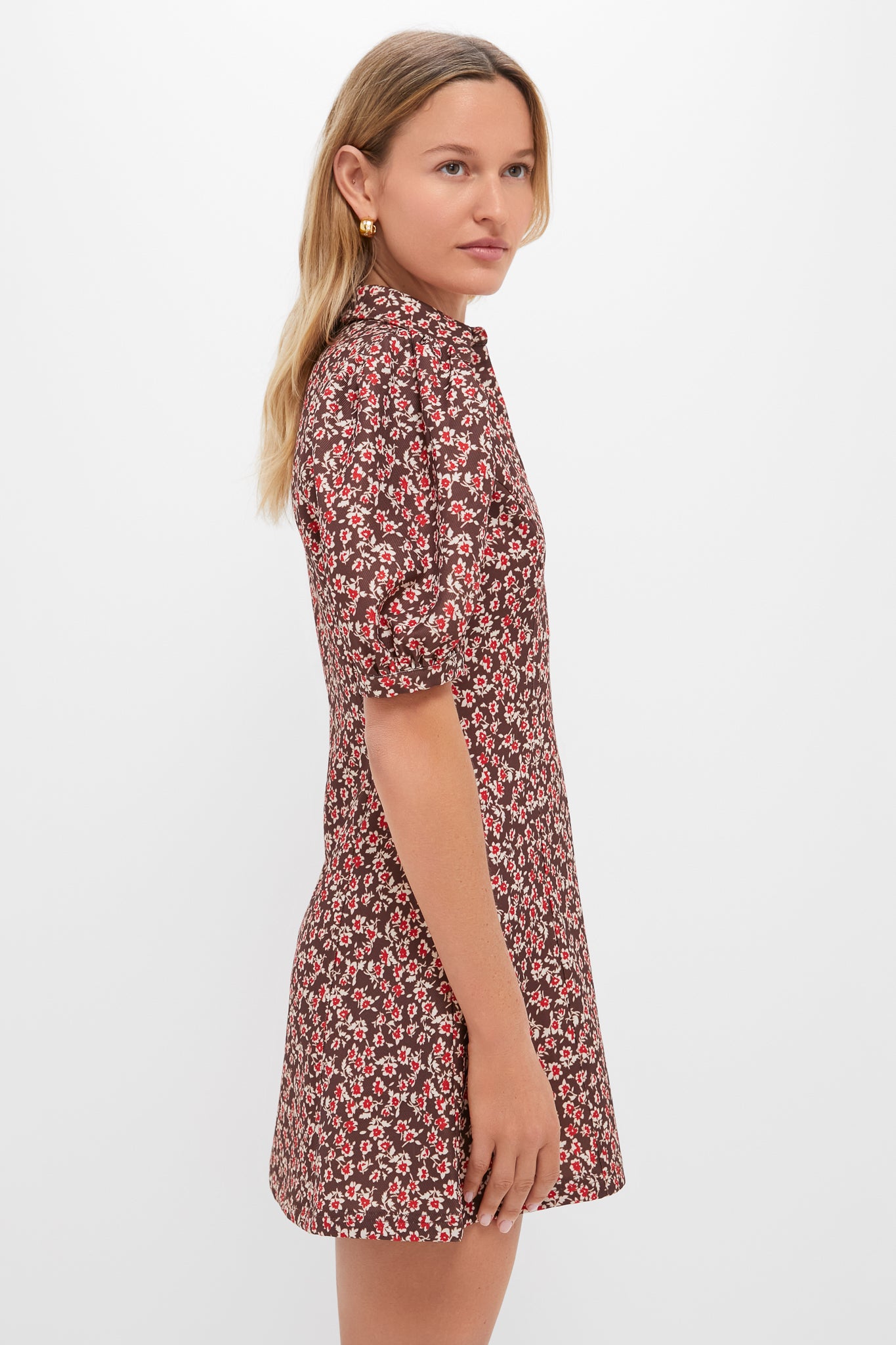 Brown & Red Floral Corduroy Front Zip Mini Dress