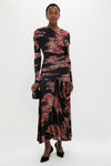 Black Printed Shiny Jersey Ruched Long Dress