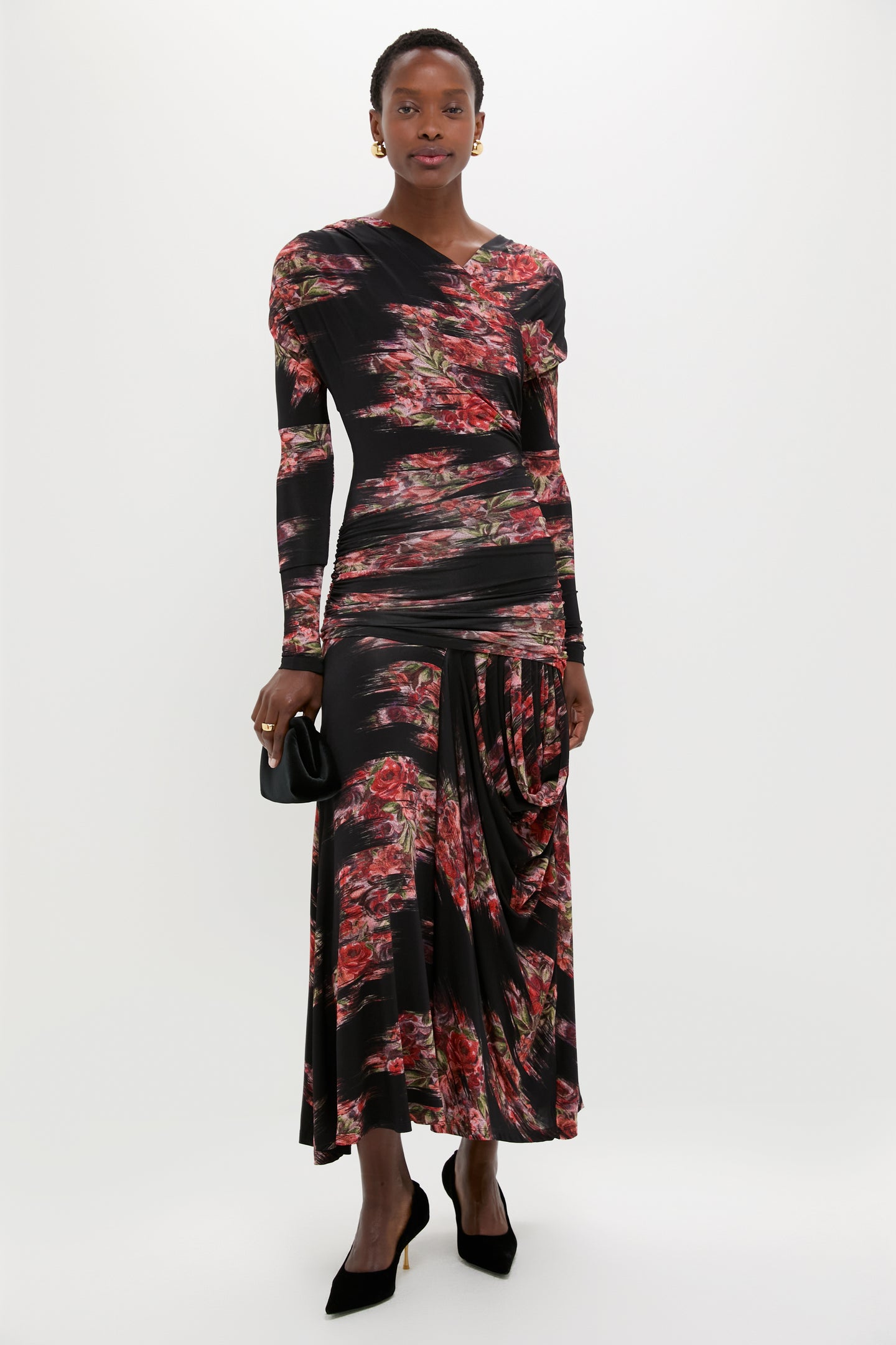 Black Printed Shiny Jersey Ruched Long Dress