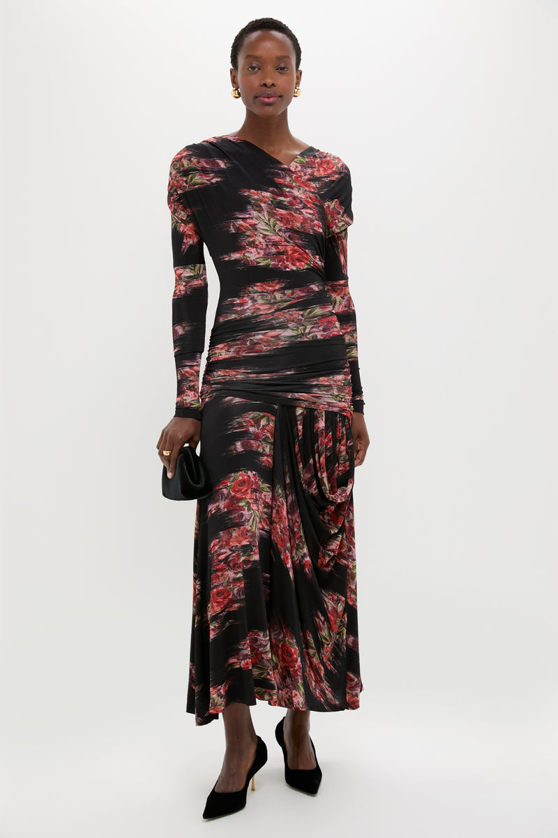 Black Printed Shiny Jersey Ruched Long Dress