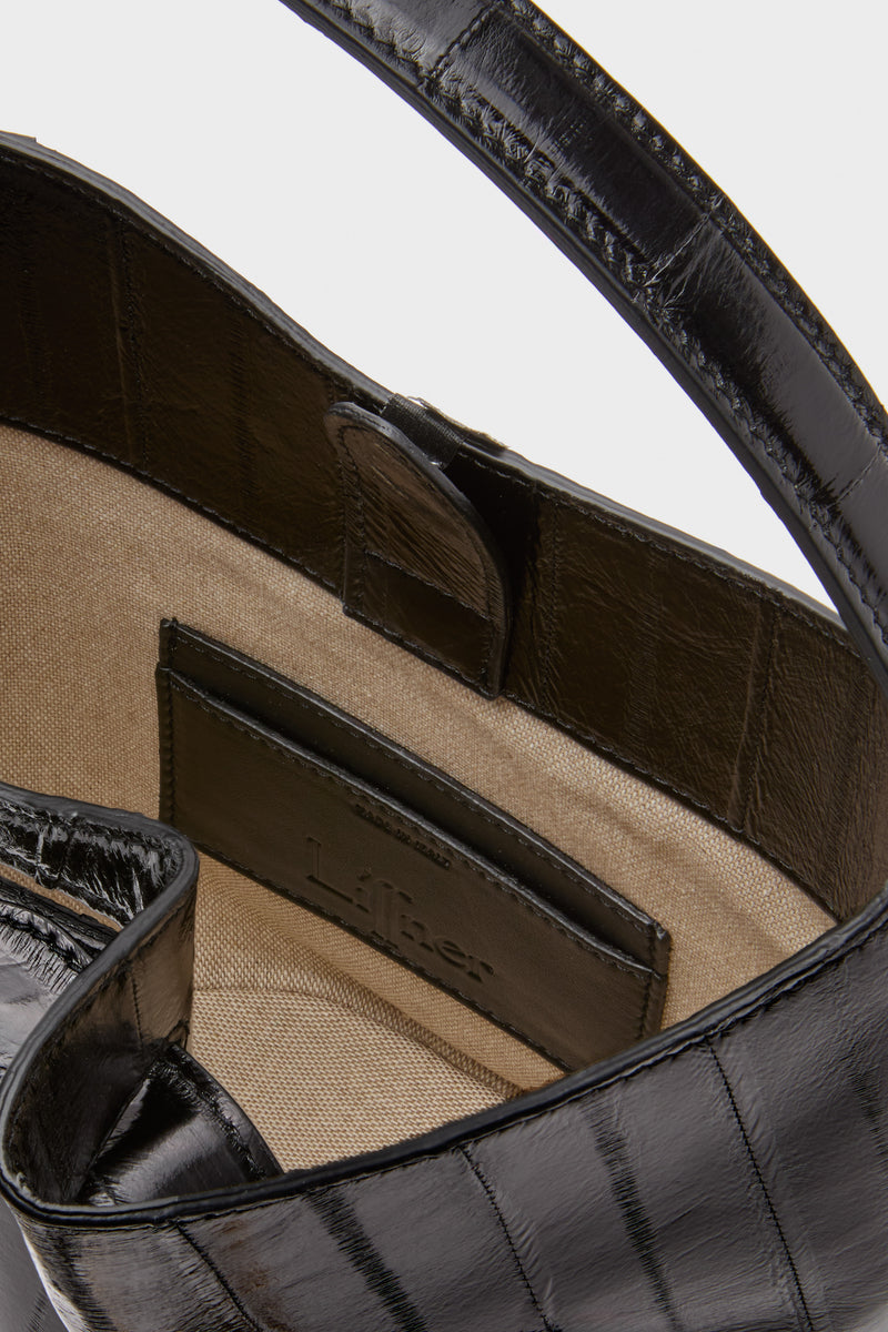 Black Eel Skin Mini Belted Bucket Bag