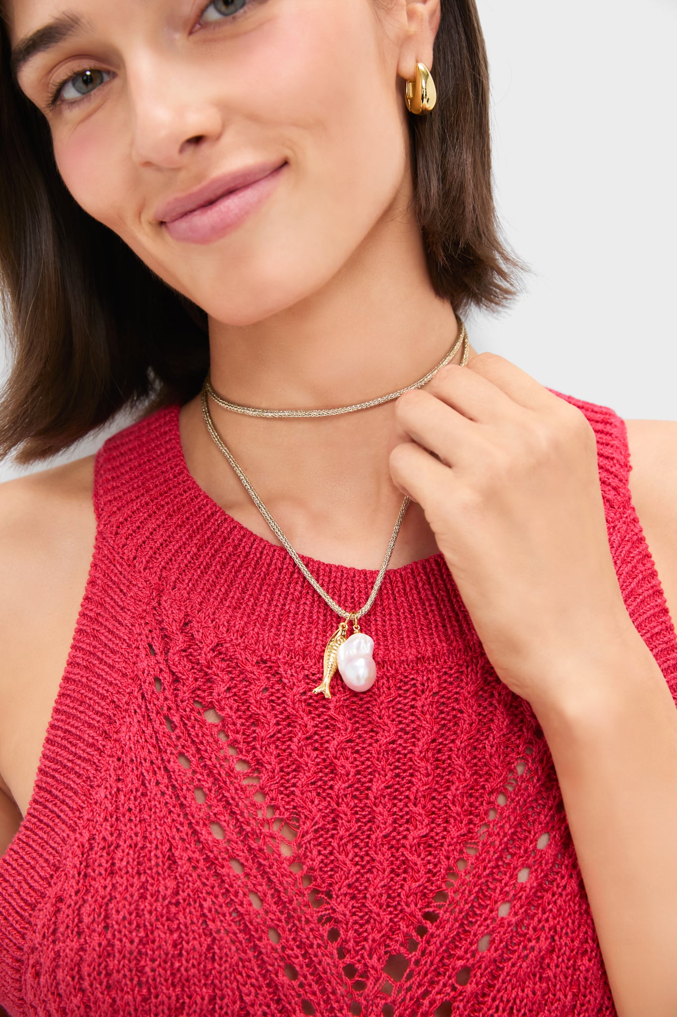 Gold Lurex Cord Necklace with Baroque Pearl and Gold Fish Charms