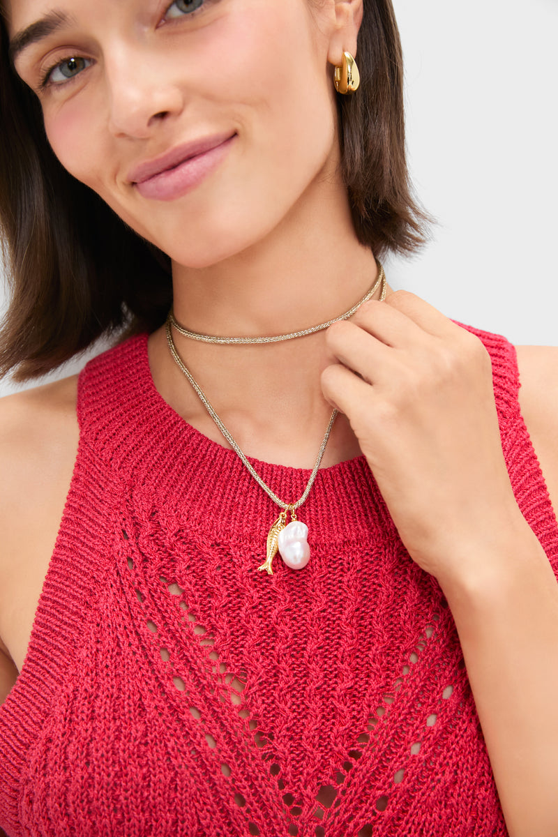 Gold Lurex Cord Necklace with Baroque Pearl and Gold Fish Charms