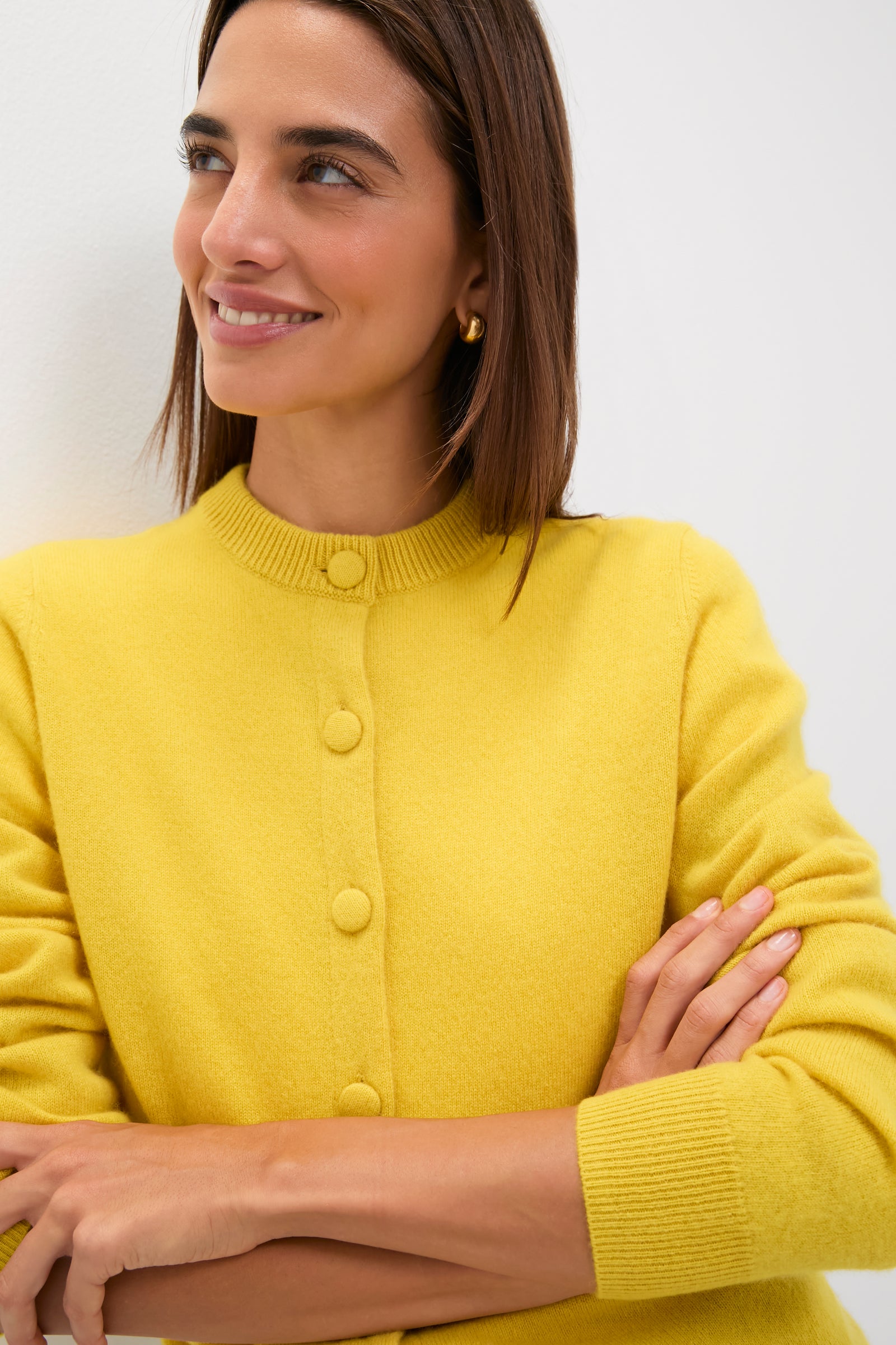 Chartreuse Cashmere Covered Button Quinn Cardigan