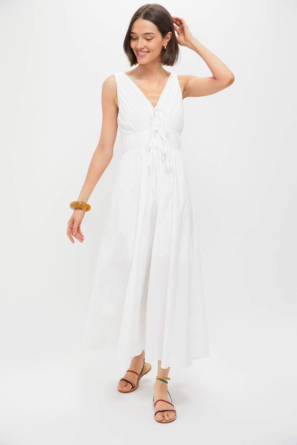 White V-Neck Pleated Midi Dress