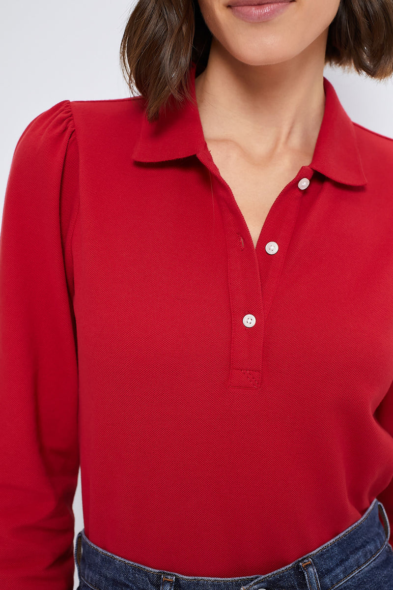 Red Long Sleeve Pique Puff Sleeve Peggy Polo