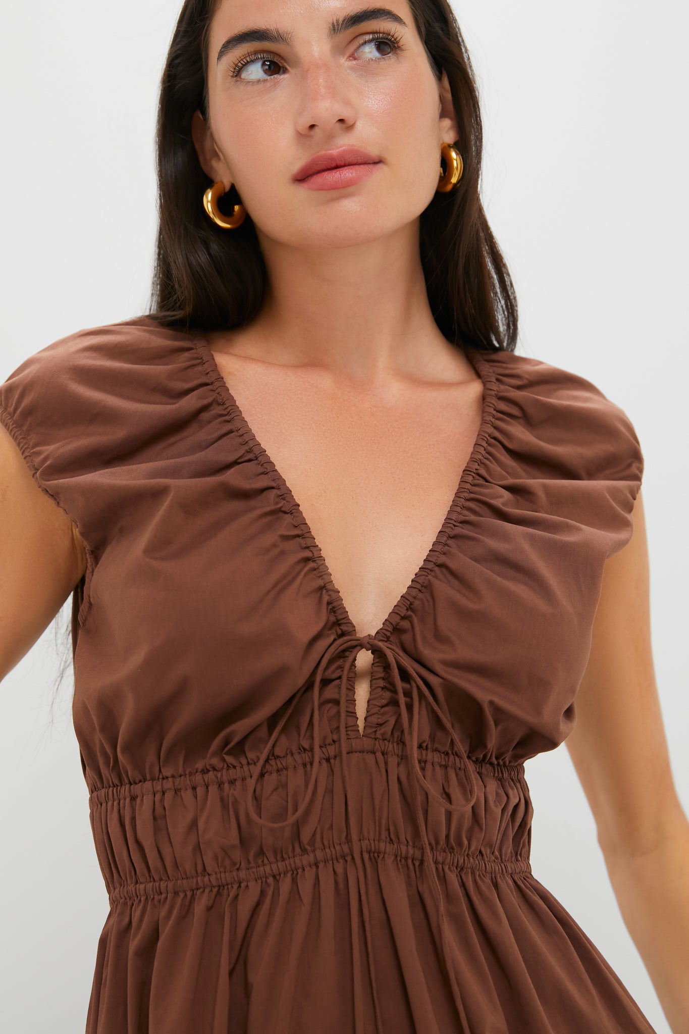 Chestnut Brown Hedda Maxi Dress: Classic sleeveless design with a deep V-neckline, gathered waist, and billowy folds. Effortless and high-end, perfect for fun, stylish outings.