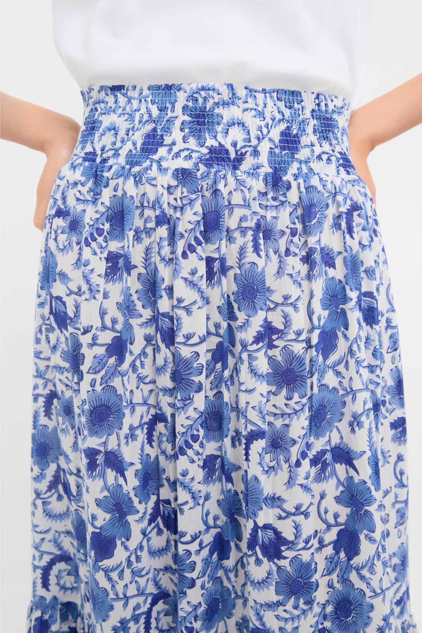 Exclusive Blue Morning Flower Print Shirred Skirt