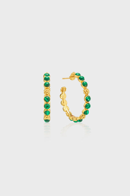 Berry Gem Medium Hoop Earrings - Malachite: Classic gold hoops with alternating green cabochon stones and textured gold accents. Effortless, high-end style for any occasion.