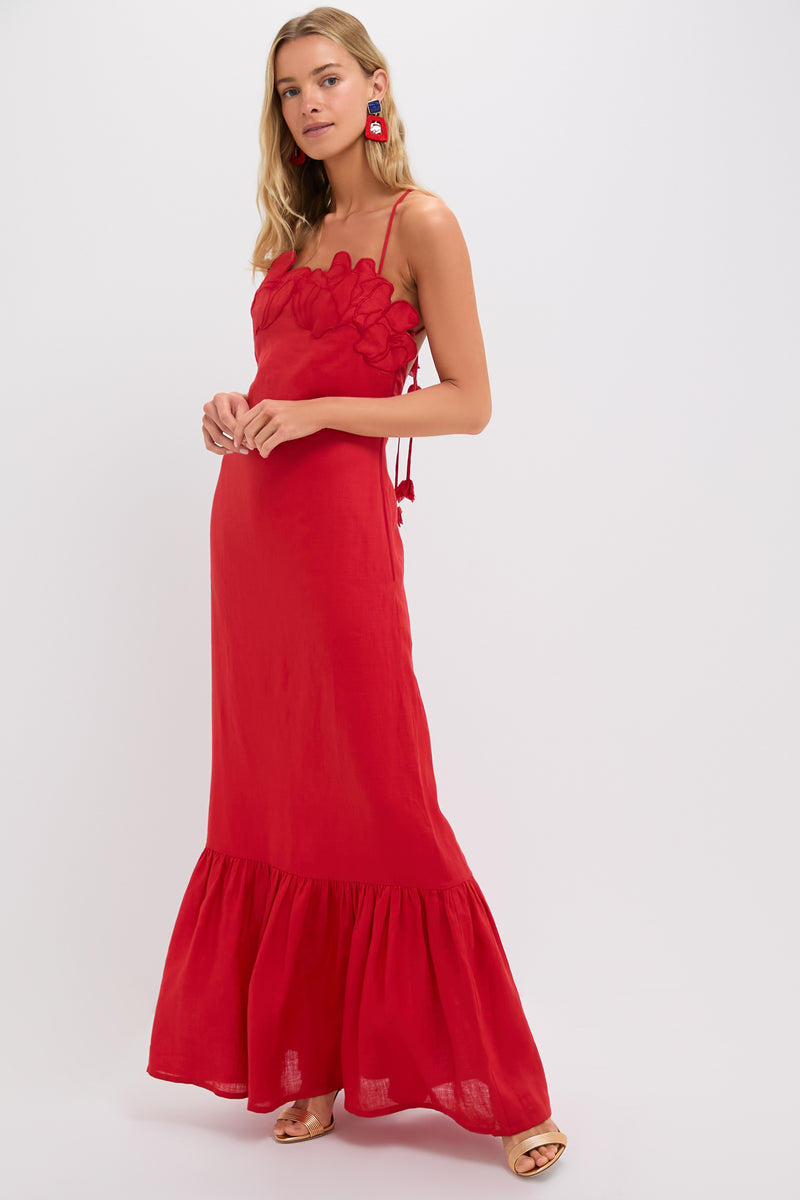Coral Red Poema Eterno Embroidered Maxi Dress