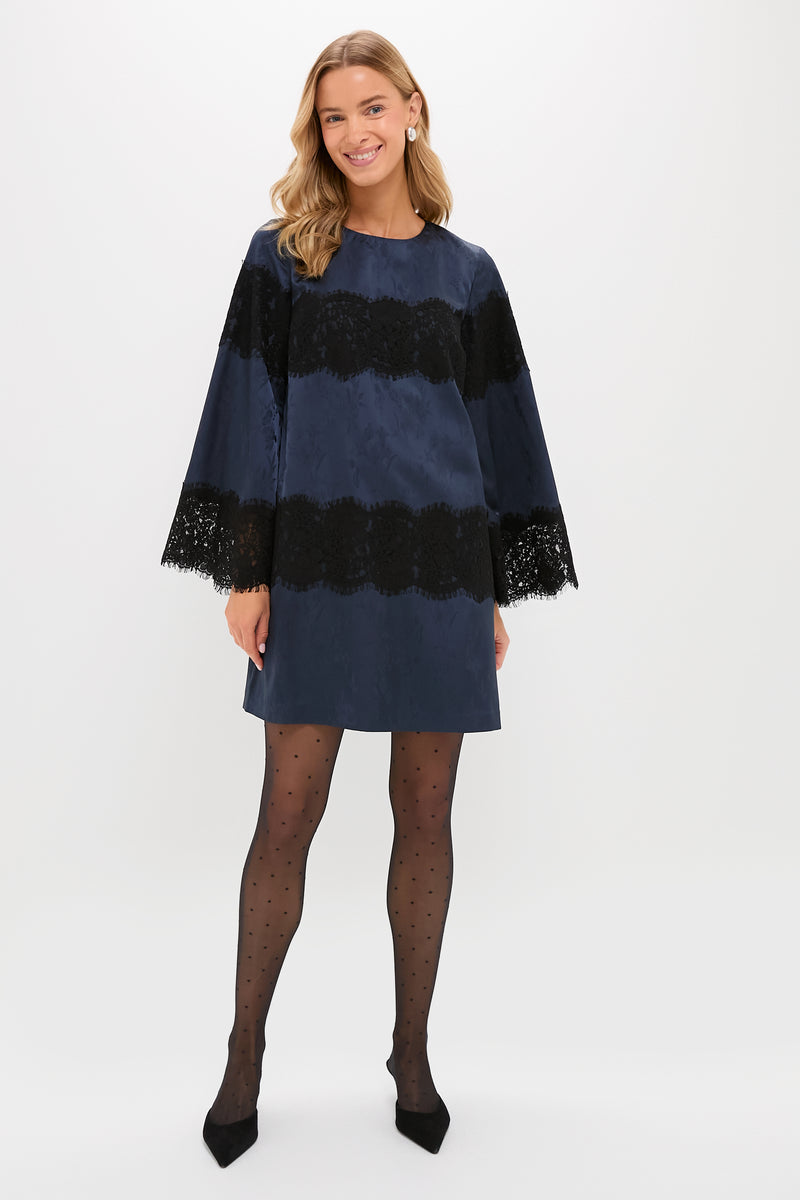 Navy Jacquard and Black Lace Camilla Dress