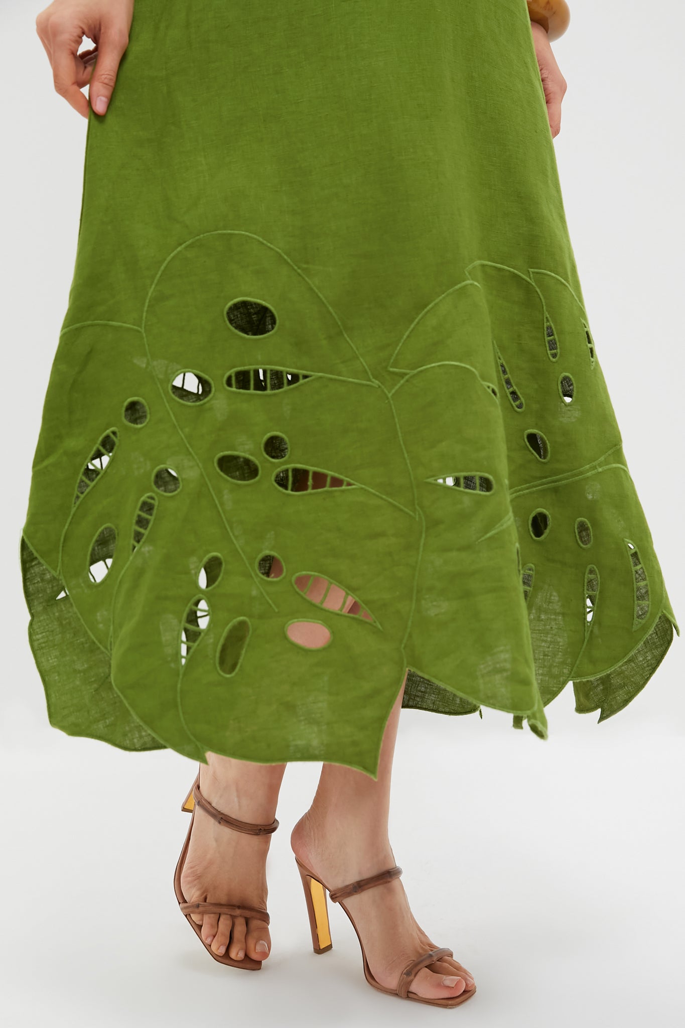Green Monstera Embroidery Midi Dress