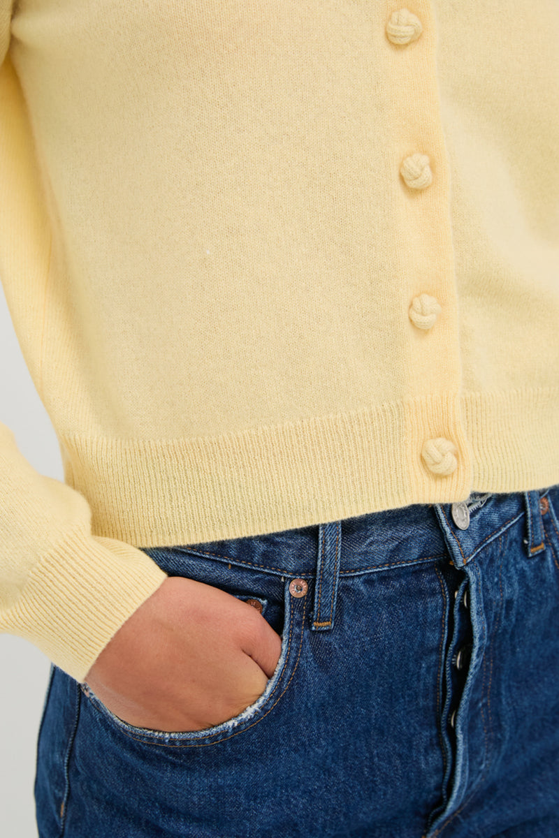 Lightweight Cashmere Butter Yellow Knot Button Cardigan
