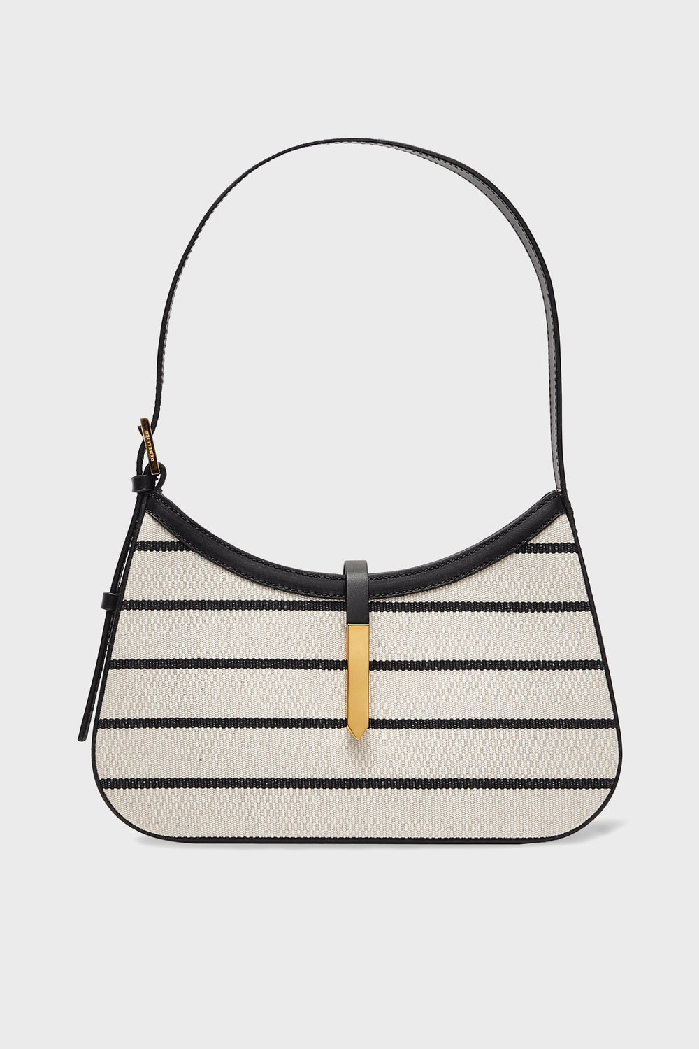 The Demellier Tokyo bag is a beige mini hobo with black horizontal stripes, black trim, a single shoulder strap, and a gold-tone front clasp. Made of canvas, this handcrafted handbag is perfect for stylish accessory lovers.