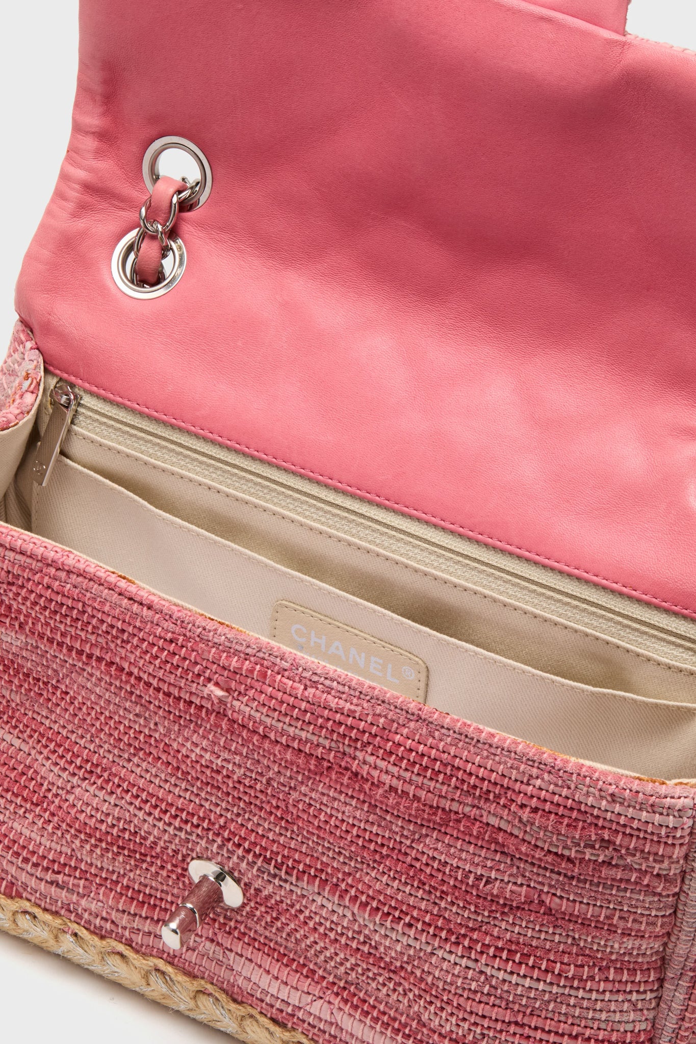 CHANEL Pink Classic Raffia Espadrille Flap Bag