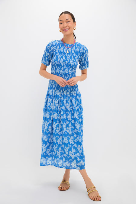 Pretoria Blue Smocked Drop Waist Maxi Dress