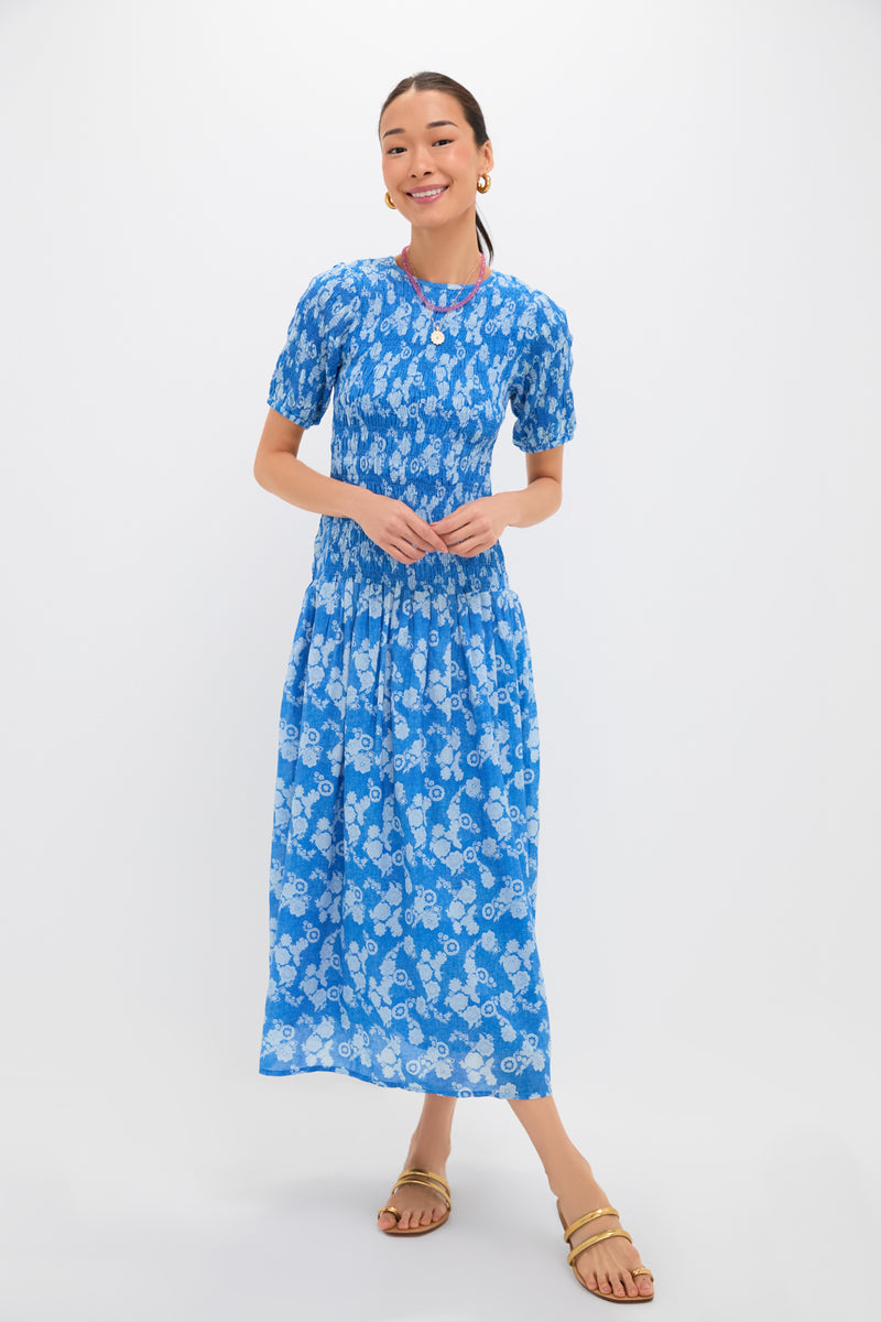 Pretoria Blue Smocked Drop Waist Maxi Dress
