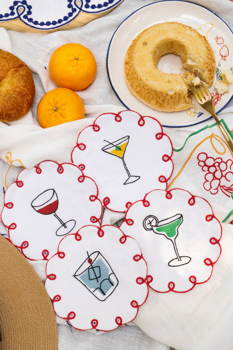 Fete Embroidered Linen Coasters (Set of 4)