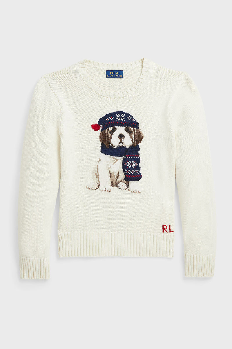 Girls Long-Sleeve Combed Cotton Novelty Dog Graphic Sweater Polo