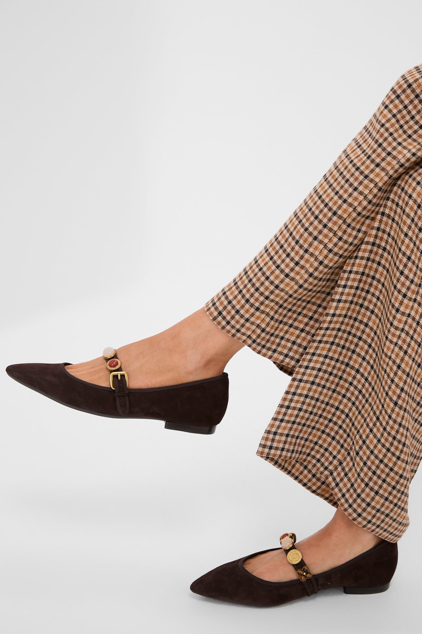 Espresso Selene Charms Flats, classic Mary-Jane style with a pointed toe, effortless strap adorned with boho charms, perfect for a fun, high-end look.