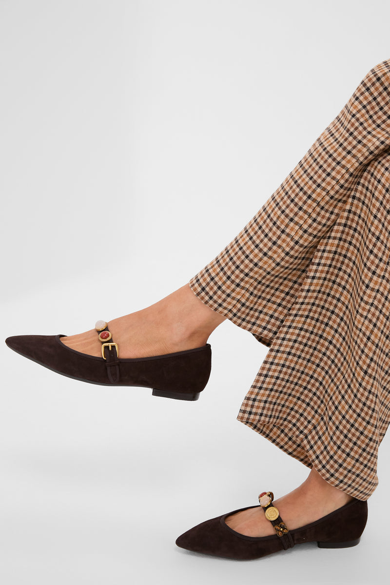Espresso Selene Charms Flats, classic Mary-Jane style with a pointed toe, effortless strap adorned with boho charms, perfect for a fun, high-end look.