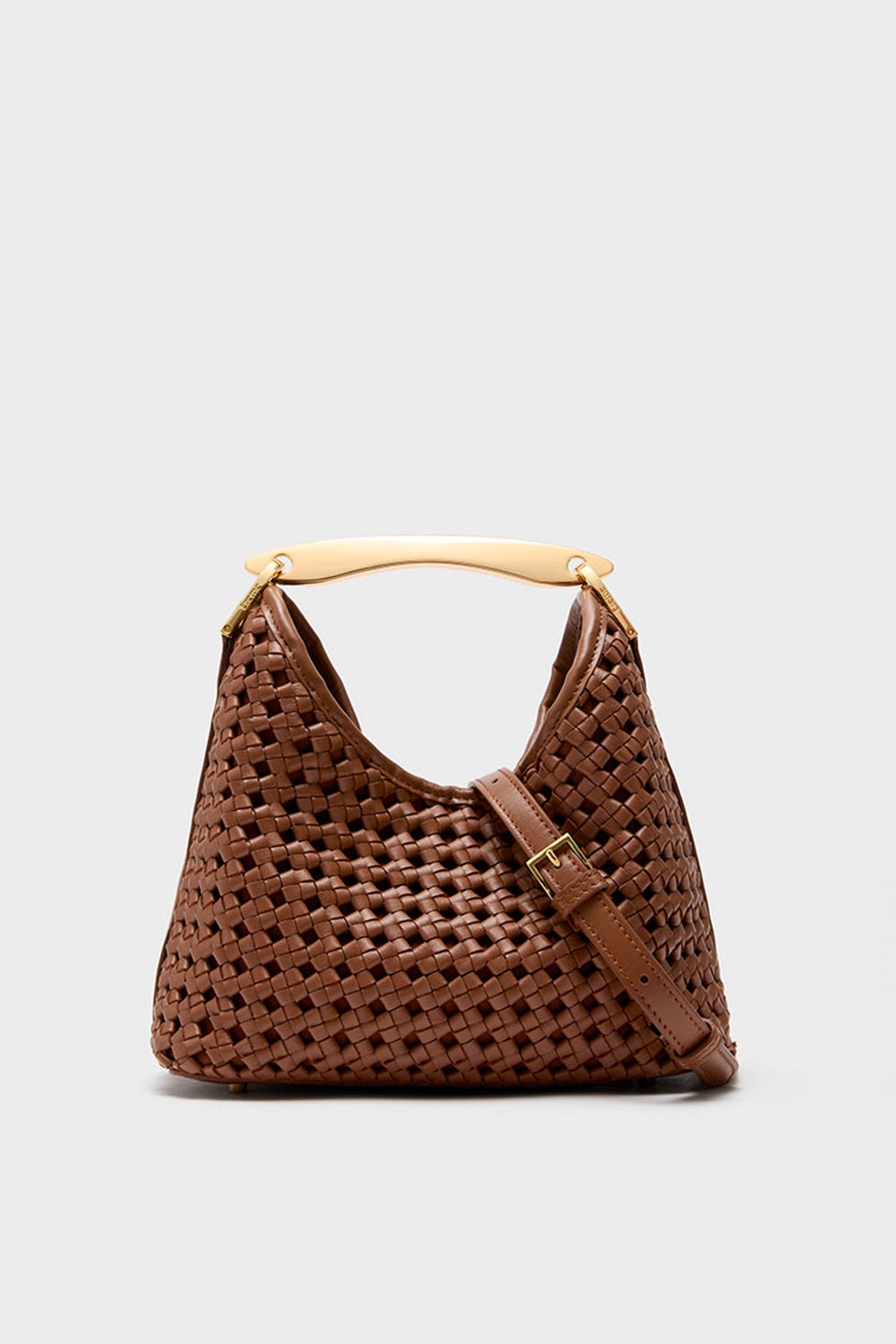 Cognac Woven Leather Small Boomerang Bag