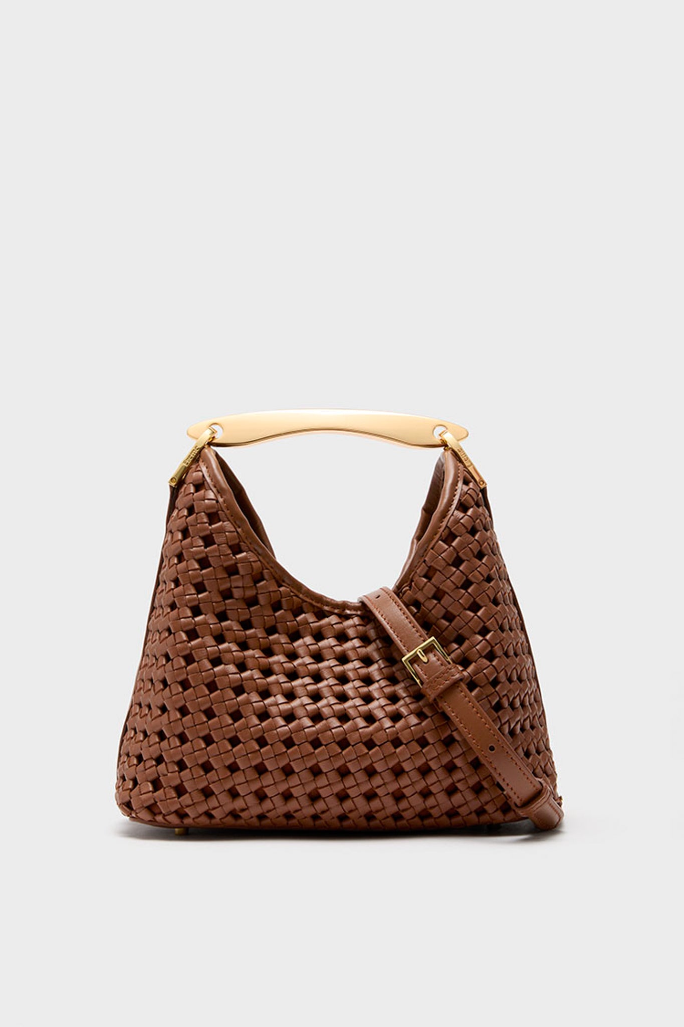 Cognac Woven Leather Small Boomerang Bag