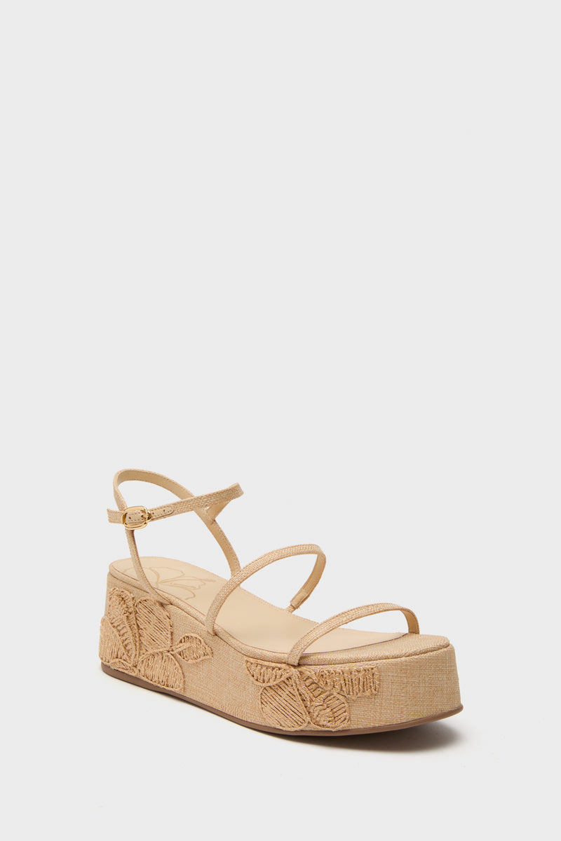 Beige Raffia with Hibiscus Embroidery Gio Platform Sandals