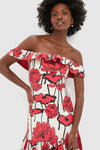 Red & Cream Floral Floral Off-the-Shoulder Giselle Dress