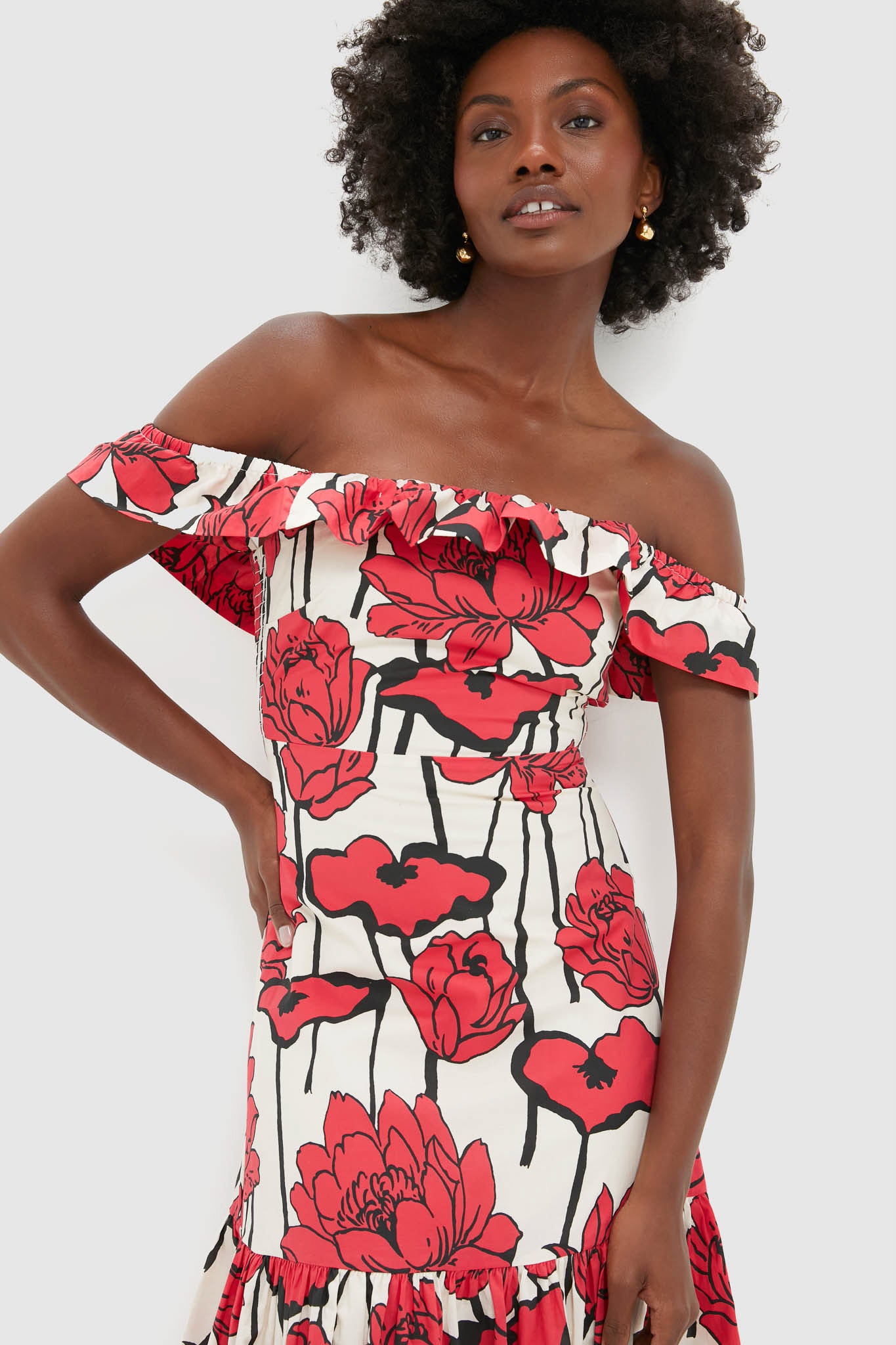 Red & Cream Floral Floral Off-the-Shoulder Giselle Dress